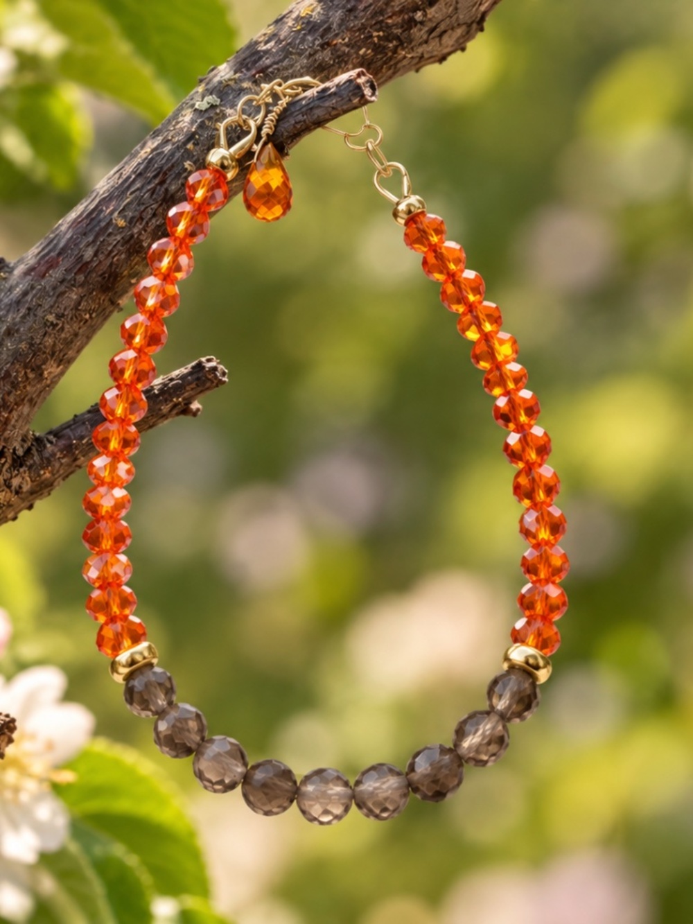 Orange Fire Opal | Natural Smokey Quartz Bracelet 14k Yellow Gold Filled 7.4"